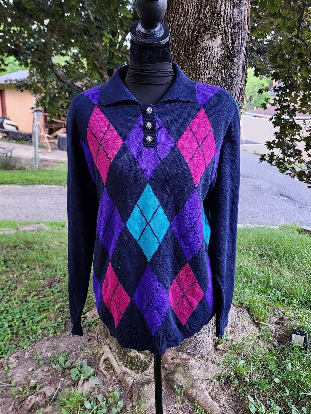 Vintage Y2K Argyle Sweater Polo Top Pink Purple Blue Preppy Grandpa Core Knit Pu